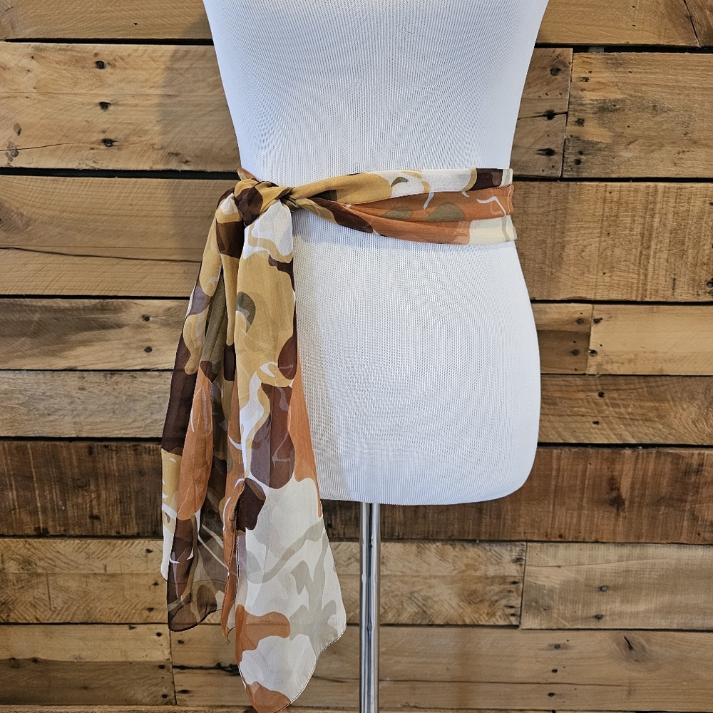 Retro sheer floral scarf in orange, brown, mustard yellow & olive green - Picture 4 of 11